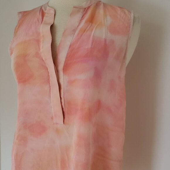 painted Vince Silk tank top sleeveless shirt white coral pink sand band collar M - Picture 2 of 11